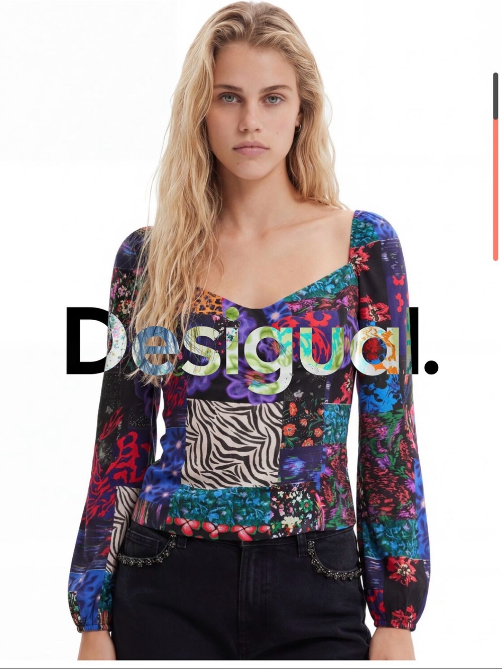 Patchwork Print Long-Sleeve Corset Sweetheart Top - Multicolor